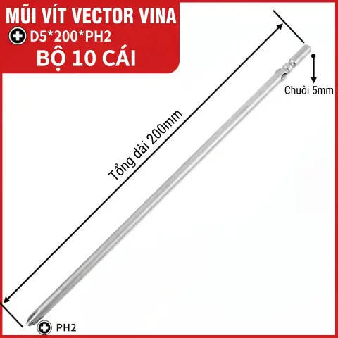 Mũi vít điện chữ thập chuôi tròn D5 (5mm) thép S2 từ tính mạnh VECTOR VINA – D5*200*D5*2#