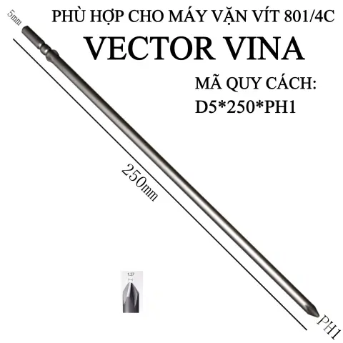 Mũi vít điện chữ thập chuôi tròn D5 (5mm) thép S2 từ tính mạnh VECTOR VINA – D5*250*D5*1#
