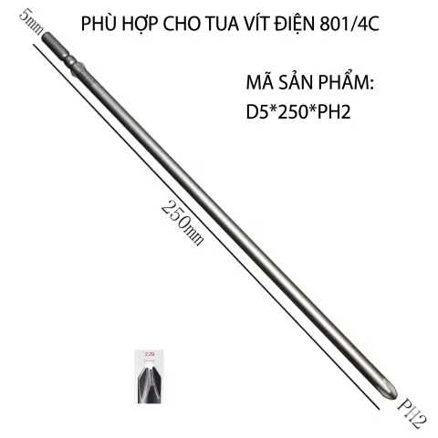 Mũi vít điện chữ thập chuôi tròn D5 (5mm) thép S2 từ tính mạnh VECTOR VINA – D5*250*D5*2#