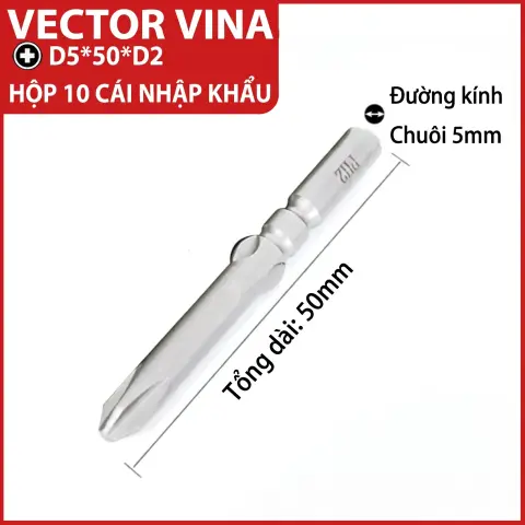 Mũi vít điện chữ thập chuôi tròn D5 (5mm) thép S2 từ tính mạnh VECTOR VINA – D5*50*2#