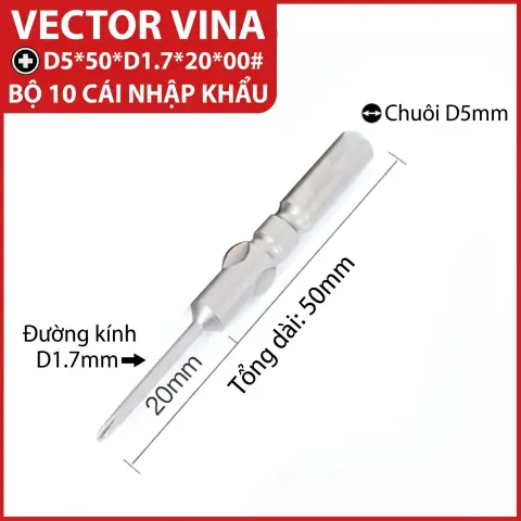 Mũi vít điện chữ thập chuôi tròn D5 (5mm) thép S2 từ tính mạnh VECTOR VINA – D5*50*D1.7*20*00#