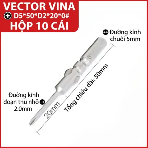 Mũi vít điện chữ thập chuôi tròn D5 (5mm) thép S2 từ tính mạnh VECTOR VINA – D5*50*D2*20*0#
