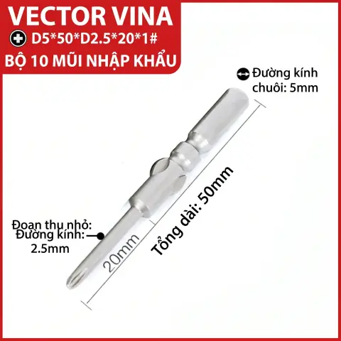 Mũi vít điện chữ thập chuôi tròn D5 (5mm) thép S2 từ tính mạnh VECTOR VINA – D5*50*D2.5*20*1#
