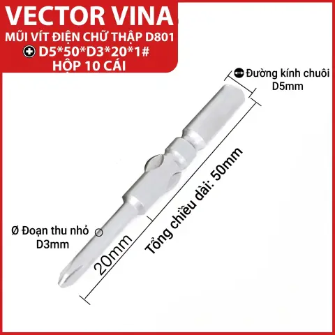 Mũi vít điện chữ thập chuôi tròn D5 (5mm) thép S2 từ tính mạnh VECTOR VINA – D5*50*D3*20*1#