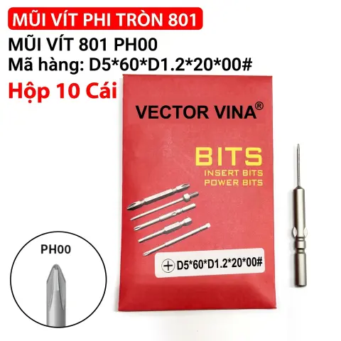 Mũi vít điện chữ thập chuôi tròn D5 (5mm) thép S2 từ tính mạnh VECTOR VINA – D5*60*D1.2*20*00#