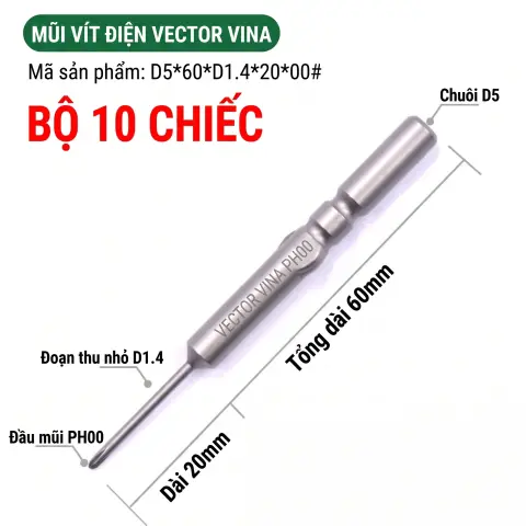 Mũi vít điện chữ thập chuôi tròn D5 (5mm) thép S2 từ tính mạnh VECTOR VINA – D5*60*D1.4*20*00#