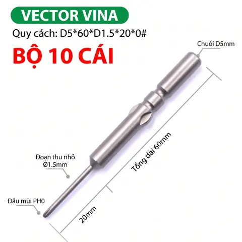 Mũi vít điện chữ thập chuôi tròn D5 (5mm) thép S2 từ tính mạnh VECTOR VINA – D5*60*D1.5*25*0#