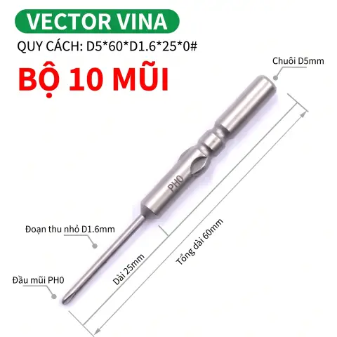 Mũi vít điện chữ thập chuôi tròn D5 (5mm) thép S2 từ tính mạnh VECTOR VINA – D5*60*D1.6*25*0#
