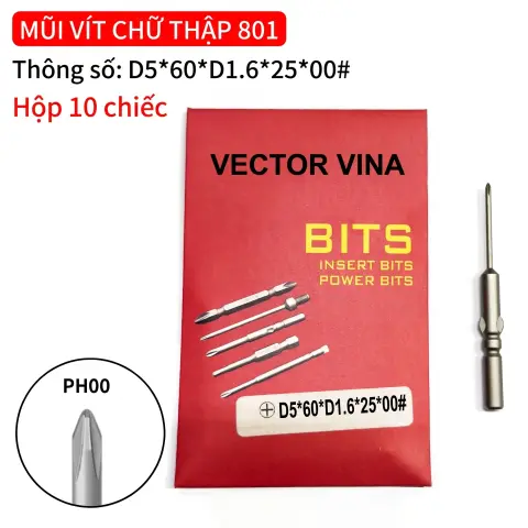 Mũi vít điện chữ thập chuôi tròn D5 (5mm) thép S2 từ tính mạnh VECTOR VINA – D5*60*D1.6*25*00#