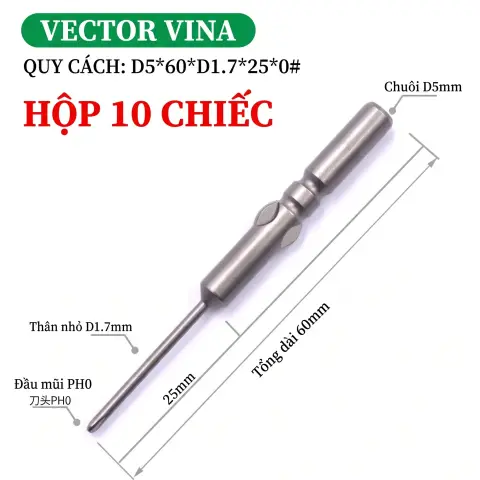 Mũi vít điện chữ thập chuôi tròn D5 (5mm) thép S2 từ tính mạnh VECTOR VINA – D5*60*D1.7*25*0#