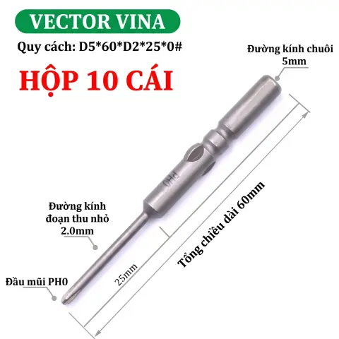 Mũi vít điện chữ thập chuôi tròn D5 (5mm) thép S2 từ tính mạnh VECTOR VINA – D5*60*D2*25*0#
