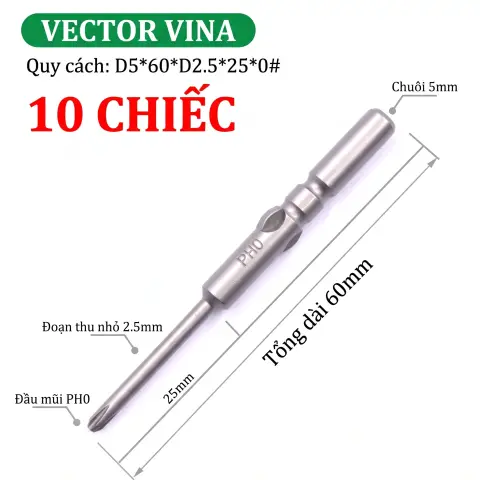 Mũi vít điện chữ thập chuôi tròn D5 (5mm) thép S2 từ tính mạnh VECTOR VINA – D5*60*D2.5*25*0#
