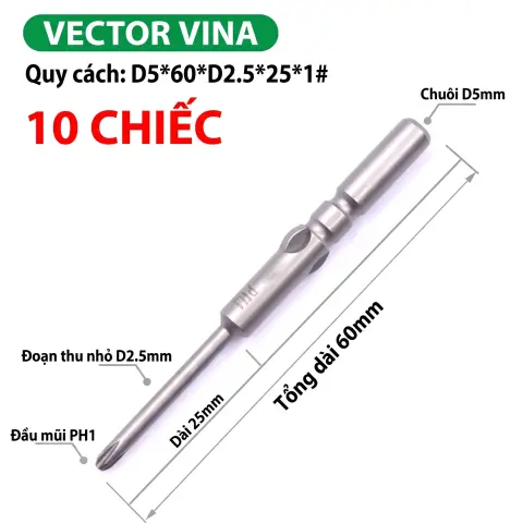 Mũi vít điện chữ thập chuôi tròn D5 (5mm) thép S2 từ tính mạnh VECTOR VINA – D5*60*D2.5*25*1#