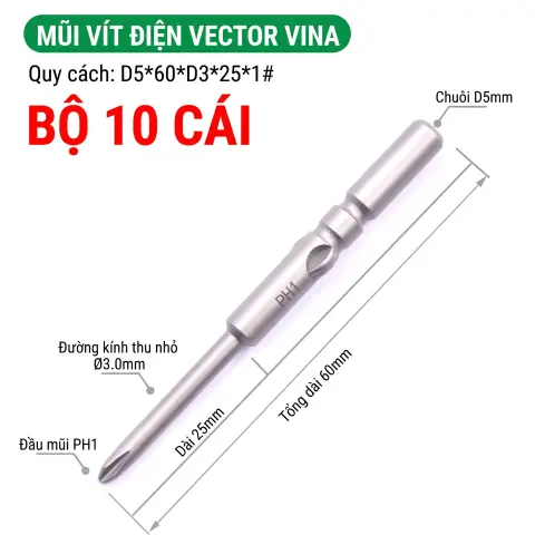 Mũi vít điện chữ thập chuôi tròn D5 (5mm) thép S2 từ tính mạnh VECTOR VINA – D5*60*D3*25*1#