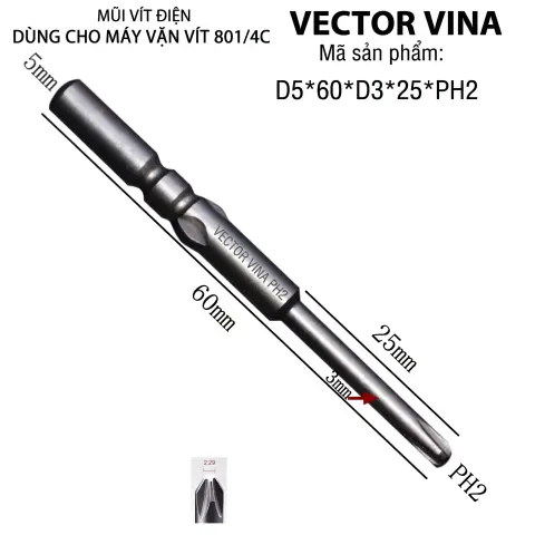 Mũi vít điện chữ thập chuôi tròn D5 (5mm) thép S2 từ tính mạnh VECTOR VINA – D5*60*D3*25*2#