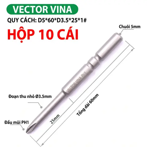 Mũi vít điện chữ thập chuôi tròn D5 (5mm) thép S2 từ tính mạnh VECTOR VINA – D5*60*D3.5*25*1#