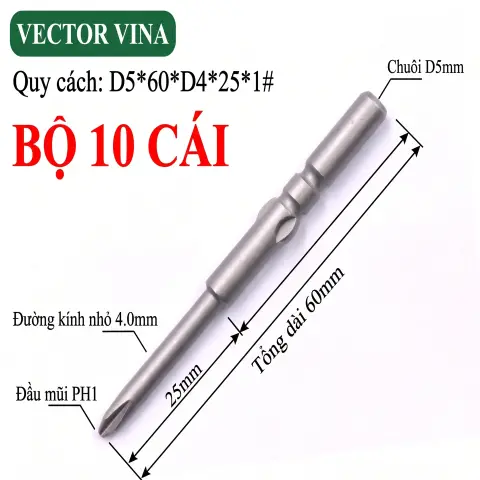 Mũi vít điện chữ thập chuôi tròn D5 (5mm) thép S2 từ tính mạnh VECTOR VINA – D5*60*D4*25*1#