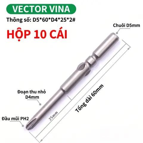 Mũi vít điện chữ thập chuôi tròn D5 (5mm) thép S2 từ tính mạnh VECTOR VINA – D5*60*D4*25*2#