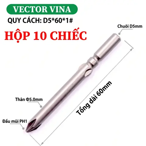 Mũi vít điện chữ thập chuôi tròn D5 (5mm) thép S2 từ tính mạnh VECTOR VINA – D5*60*D5*1#