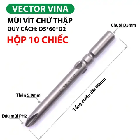 Mũi vít điện chữ thập chuôi tròn D5 (5mm) thép S2 từ tính mạnh VECTOR VINA – D5*60*D5*2#