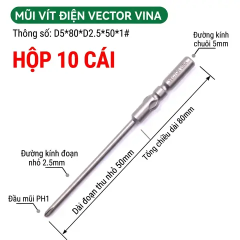 Mũi vít điện chữ thập chuôi tròn D5 (5mm) thép S2 từ tính mạnh VECTOR VINA – D5*80*D2.5*50*1#