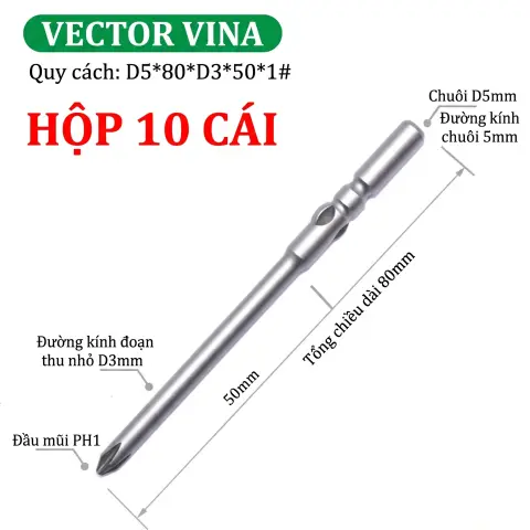 Mũi vít điện chữ thập chuôi tròn D5 (5mm) thép S2 từ tính mạnh VECTOR VINA – D5*80*D3*50*1#