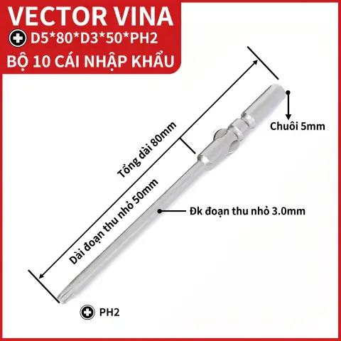 Mũi vít điện chữ thập chuôi tròn D5 (5mm) thép S2 từ tính mạnh VECTOR VINA – D5*80*D3*50*2#