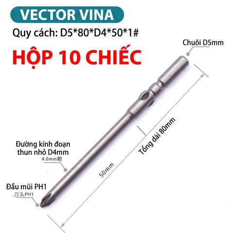 Mũi vít điện chữ thập chuôi tròn D5 (5mm) thép S2 từ tính mạnh VECTOR VINA – D5*80*D4*50*1#