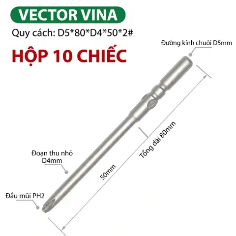 Mũi vít điện chữ thập chuôi tròn D5 (5mm) thép S2 từ tính mạnh VECTOR VINA – D5*80*D4*50*2#