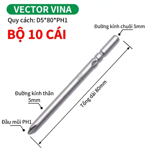 Mũi vít điện chữ thập chuôi tròn D5 (5mm) thép S2 từ tính mạnh VECTOR VINA – D5*80*D5*1#