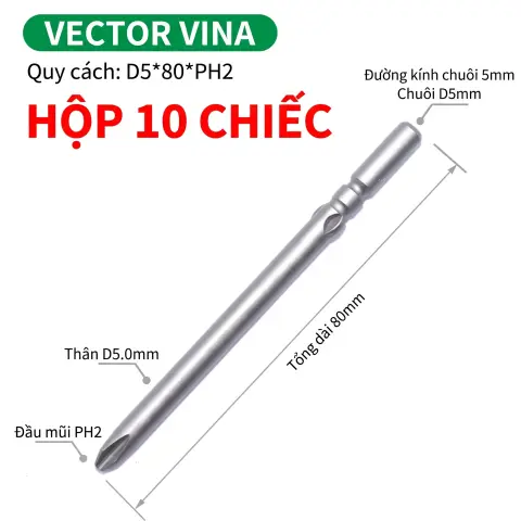 Mũi vít điện chữ thập chuôi tròn D5 (5mm) thép S2 từ tính mạnh VECTOR VINA – D5*80*D5*2#