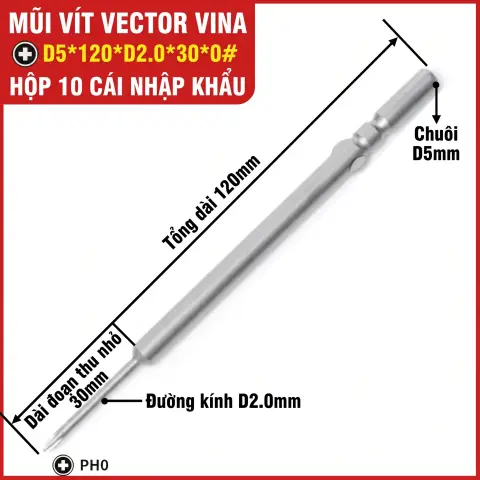 Mũi vít điện chữ thập chuôi tròn D5 (5mm) thép S2 từ tính mạnh VECTOR VINA – D5*120*D2*30*0#