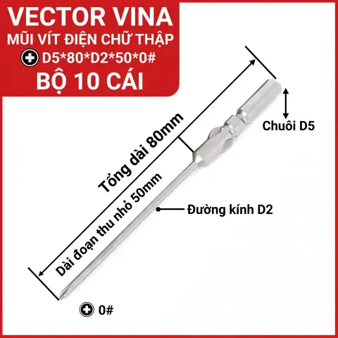 Mũi vít điện chữ thập chuôi tròn D5 (5mm) thép S2 từ tính mạnh VECTOR VINA – D5*80*D2*50*0#