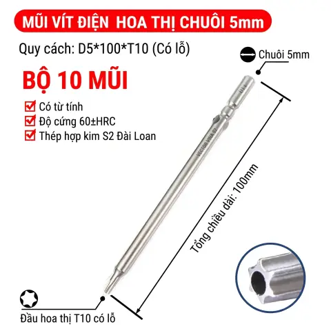 Mũi vít điện hoa thị 801/4C chuôi tròn 5mm thép S2 từ tính mạnh VECTOR VINA – D5*100*T10