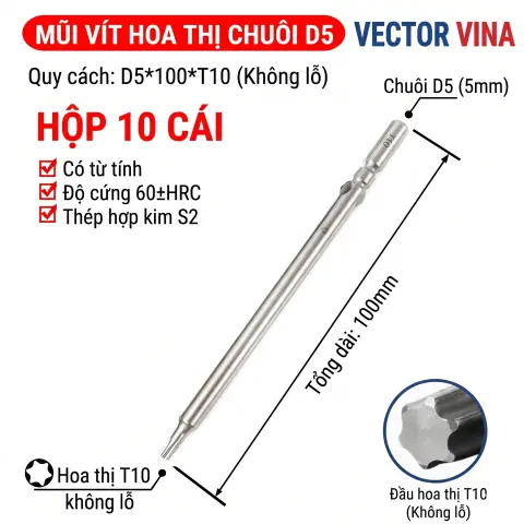 Mũi vít điện hoa thị 801/4C chuôi tròn 5mm thép S2 từ tính mạnh VECTOR VINA – D5*100*T10