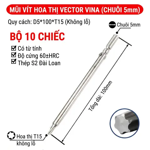 Mũi vít điện hoa thị 801/4C chuôi tròn 5mm thép S2 từ tính mạnh VECTOR VINA – D5*100*T15