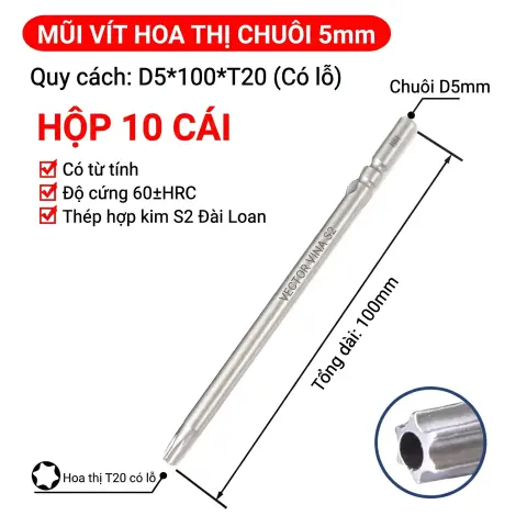 Mũi vít điện hoa thị 801/4C chuôi tròn 5mm thép S2 từ tính mạnh VECTOR VINA – D5*100*T20