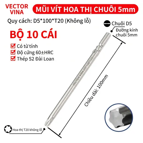 Mũi vít điện hoa thị 801/4C chuôi tròn 5mm thép S2 từ tính mạnh VECTOR VINA – D5*100*T20
