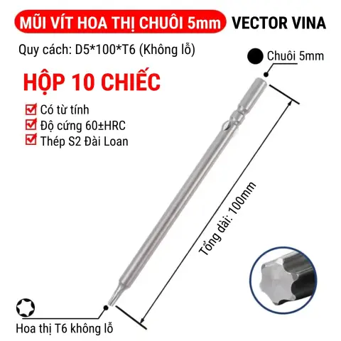 Mũi vít điện hoa thị 801/4C chuôi tròn 5mm thép S2 từ tính mạnh VECTOR VINA – D5*100*T6