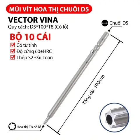 Mũi vít điện hoa thị 801/4C chuôi tròn 5mm thép S2 từ tính mạnh VECTOR VINA – D5*100*T8