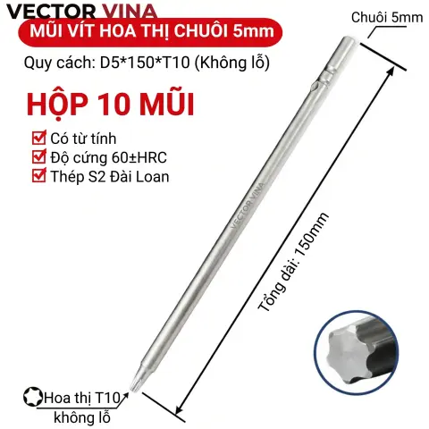 Mũi vít điện hoa thị 801/4C chuôi tròn 5mm thép S2 từ tính mạnh VECTOR VINA – D5*150*T10