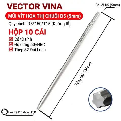 Mũi vít điện hoa thị 801/4C chuôi tròn 5mm thép S2 từ tính mạnh VECTOR VINA – D5*150*T15