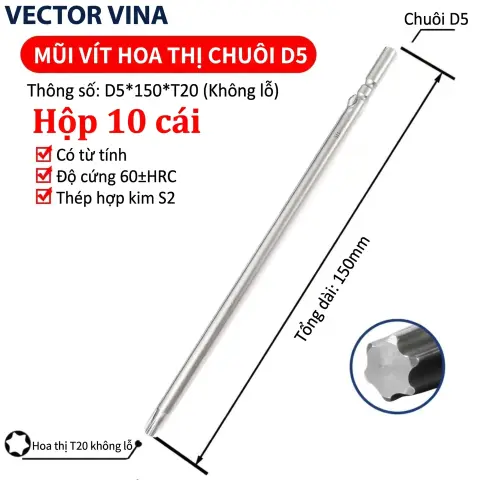 Mũi vít điện hoa thị 801/4C chuôi tròn 5mm thép S2 từ tính mạnh VECTOR VINA – D5*150*T20
