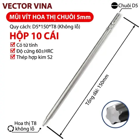 Mũi vít điện hoa thị 801/4C chuôi tròn 5mm thép S2 từ tính mạnh VECTOR VINA – D5*150*T8