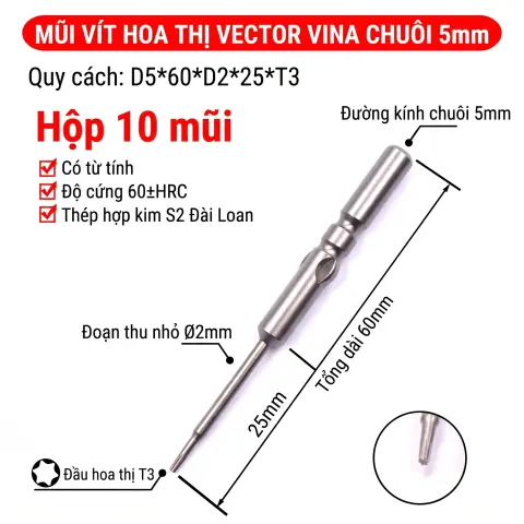 Mũi vít điện hoa thị 801/4C chuôi tròn 5mm thép S2 từ tính mạnh VECTOR VINA – D5*60*D2*25*T3