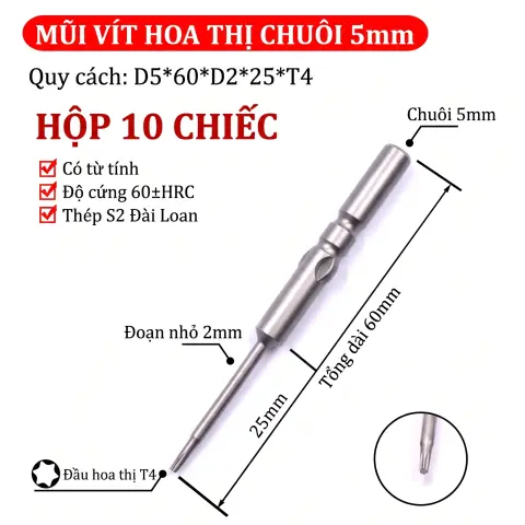 Mũi vít điện hoa thị 801/4C chuôi tròn 5mm thép S2 từ tính mạnh VECTOR VINA – D5*60*D2*25*T4