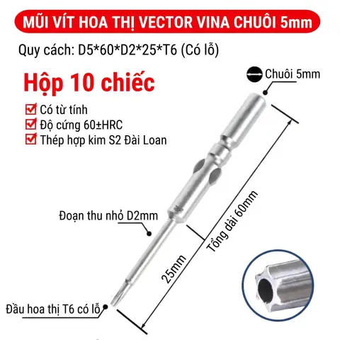 Mũi vít điện hoa thị 801/4C chuôi tròn 5mm thép S2 từ tính mạnh VECTOR VINA – D5*60*D2*25*T6