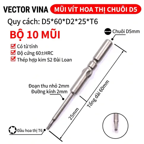Mũi vít điện hoa thị 801/4C chuôi tròn 5mm thép S2 từ tính mạnh VECTOR VINA – D5*60*D2*25*T6