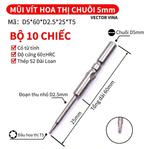 Mũi vít điện hoa thị 801/4C chuôi tròn 5mm thép S2 từ tính mạnh VECTOR VINA – D5*60*D2.5*25*T5