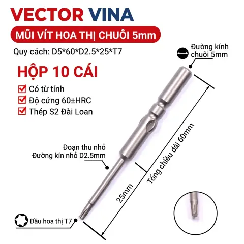 Mũi vít điện hoa thị 801/4C chuôi tròn 5mm thép S2 từ tính mạnh VECTOR VINA – D5*60*D2.5*25*T7